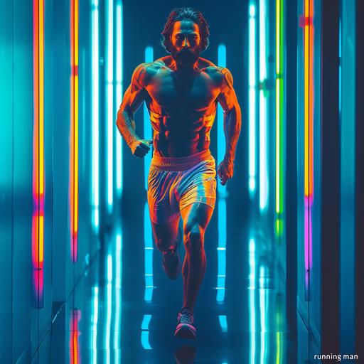 led neon scene, incandescent plasma, 1980s cyberpunk movie poster, full body, with fitness abs, movie star with beard, running at camera, sprinting, 