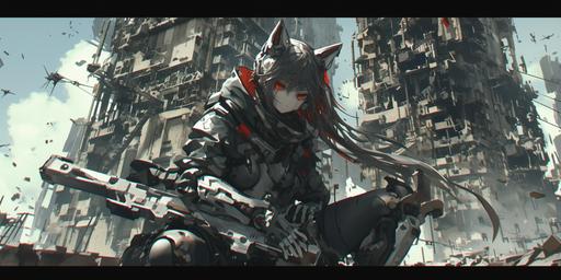 leggy robotic cat vampire exosuit anime style, small female pilot seated in horse-legged robot mecha, stormy bombed war-torn urban desolation cinematic shot, aerial drones circling --ar 2:1 --stylize 750 --niji 6