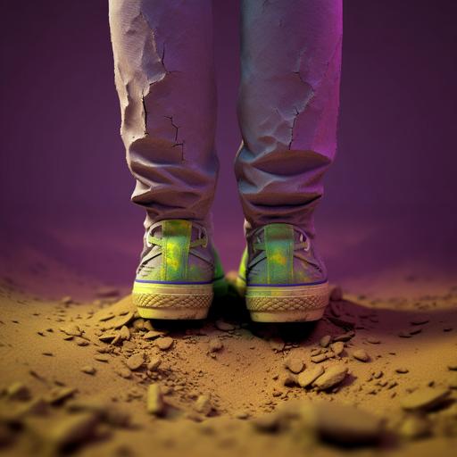 legs walking out of an inter-dimensional portal. the portal is purple, green, and yellow. converse shoes, jean shorts, ripped, dirt ground, sand flying. shot on 100mm f.1.2, photo realistic, 4k v 5.1