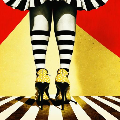 legs wearing black and white striped stockings and red high-heel shoes, shoes sparkle, surreal, surrealism, surrealist, yellow background