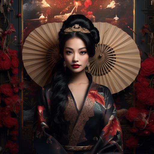 A ferrotype poster with a modern day Disney Mulan, hyper realistic new year couture, asain theme, sophisticated atmosphere