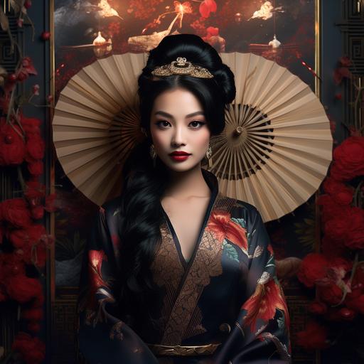 A ferrotype poster with a modern day Disney Mulan, hyper realistic new year couture, asain theme, sophisticated atmosphere