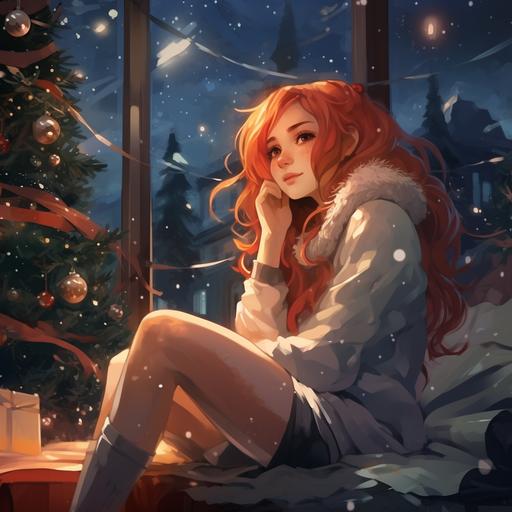 anime girl with vibrant red hair. coniferous christmas tree. snow falling outside. warm and cozy living room. artistic angles