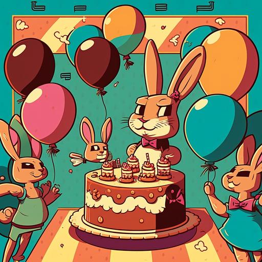 bunnies birthday party, cake, balloons, celebrate, 1950s cartoon style, hex cdb4db, hex ffc8dd, hex ffafcc, hex bde0fe, hex a2d2ff
