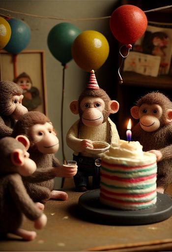 felted young monkeys having a birthday party, cake, balloons --ar 2:3