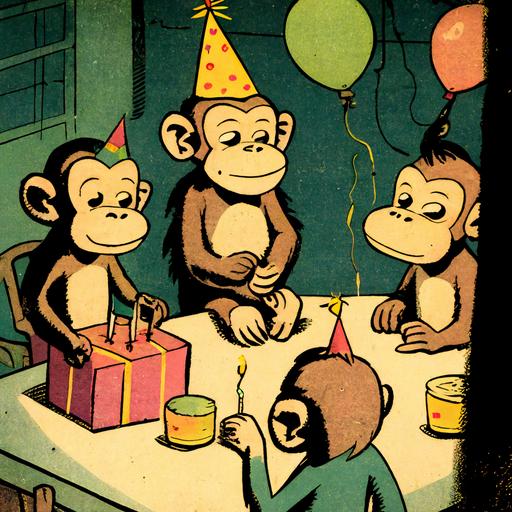 monkeys having a birthday party, 1950s cartoon style