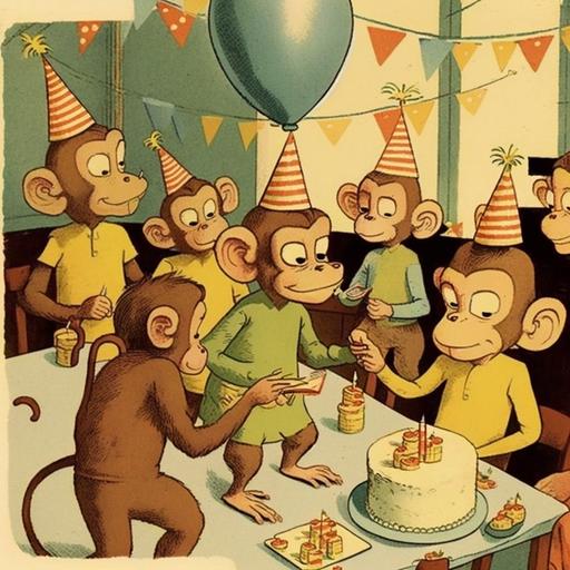 young monkeys having a birthday party, 1950s cartoon style