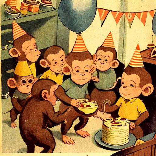 young monkeys having a birthday party, 1950s cartoon style