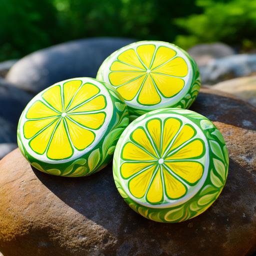 lemon slices painted on rocks in a green park, pop art