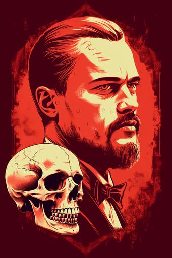 leonardo dicaprio in django unchained holding a skull, front view, poster, vector, gritty, detailed, red background, --ar 2:3 --v 5