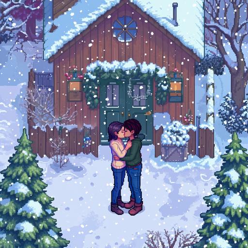 lesbian LBGTQIA  kiss cutscene, stardew valley style isometric RPG, a game where you make hot chocolate, and run a christmas tree farm --v 6.0
