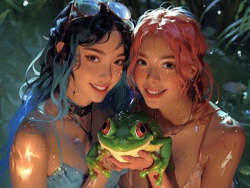 lesbians playing with their pet frog knight --style raw --ar 4:3 --s 750 --v 6.0