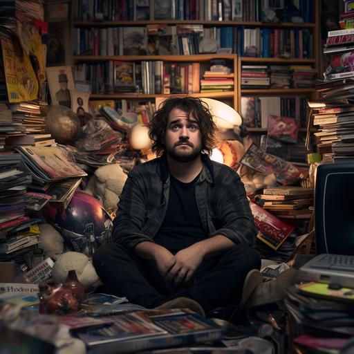 less fat more attractive. a male human being who resembles kevin smith peter jackson and quentintarentino if they were combined with an aging emo punk rocker millenial, behind him there is a bookshelf cluttered with old dvds and vhs tapes, film projectors and camera related items. There is a pile of bound screenplays stacked up in the foreground. this will be a circular avatar so keep all of the main information visible from the center of the image