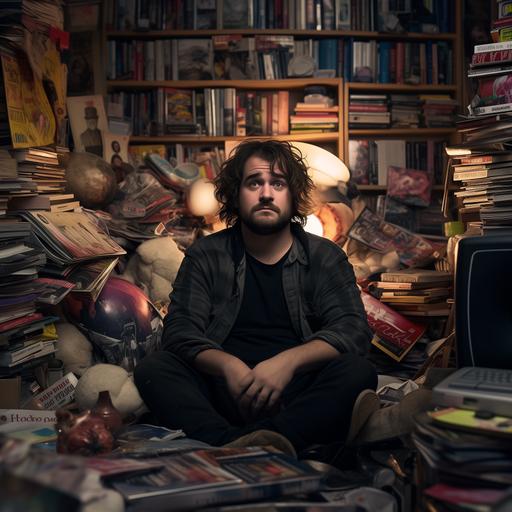 less fat more attractive. a male human being who resembles kevin smith peter jackson and quentintarentino if they were combined with an aging emo punk rocker millenial, behind him there is a bookshelf cluttered with old dvds and vhs tapes, film projectors and camera related items. There is a pile of bound screenplays stacked up in the foreground. this will be a circular avatar so keep all of the main information visible from the center of the image