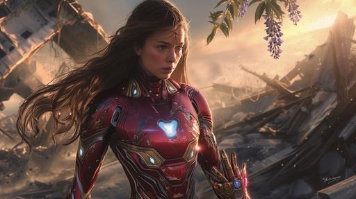 A long-haired beautiful girl, wearing Iron Man's latest model armor, stands on a heavily damaged battlefield, her hand donning the Infinity Gauntlet. She appears exhausted and worn, with her hair disheveled, yet her eyes shine with an unyielding spirit. Her armor, after enduring intense battles, is riddled with scratches and dents, especially on the chest plate and arms. The color of the armor has faded, looking worn and weathered. The surrounding battlefield is a scene of chaos and destruction, with ruined buildings and scattered debris depicting the brutality of war. Amidst the rubble, a few resilient wisteria plants can be seen stubbornly growing, adding a touch of life to the desolation. The image is rendered in a photorealistic style, emphasizing contrasts between light and shadow and detailed textures, highlighting the battlefield's devastation and the girl's resilience --ar 16:9 --style raw --v 6.0