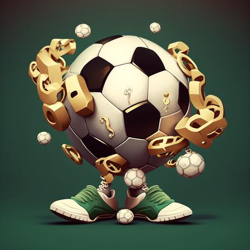 let's create a cartoon of a soccer ball with feet and hands, happy with a lot of money around it and with gold chains and diamonds