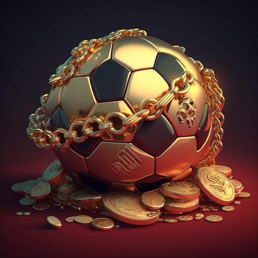 let's create a cartoon of a soccer ball with feet and hands, happy with a lot of money around it and with gold chains and diamonds