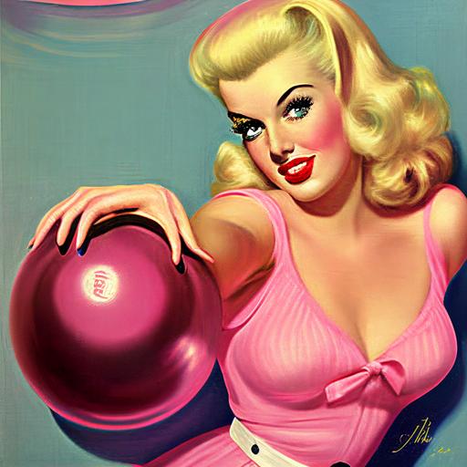 let's go bowling with Jayne Mansfield with a big pink bowling ball by Gil Elvgren --v 4