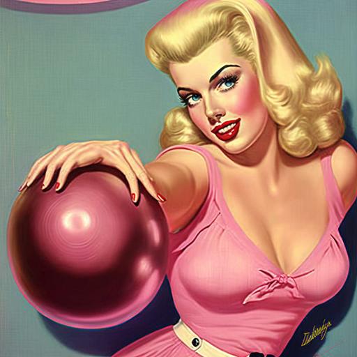 let's go bowling with Jayne Mansfield with a big pink bowling ball by Gil Elvgren --v 4