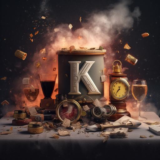 letters K and G next to each other, glass of champagne spilling, fancy watch,cigar smoke, camera flare,