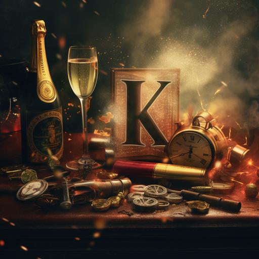letters K and G next to each other, glass of champagne spilling, fancy watch,cigar smoke, camera flare,