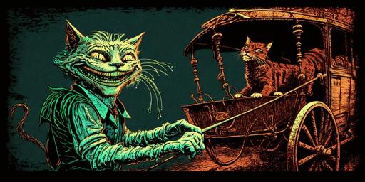 cat goblin with a victorian cane laughing at a horse drawn buggy, bright colors, art deco --ar 2:1