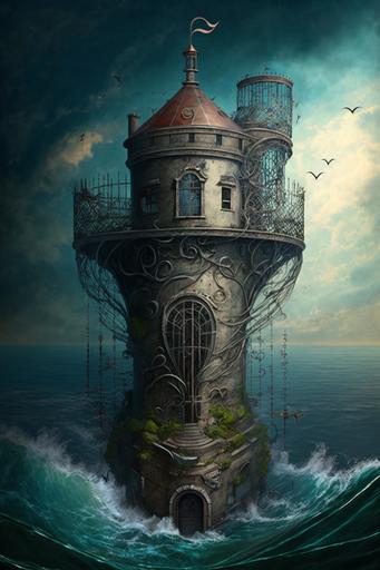 prison tower overlooking a pirate whirlpool, a broken heart, art deco, victorian era --ar 2:3