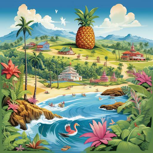 The cartoon Hawaiian island of Oahu with palm trees, turtles and popular places. The edges are pineapples from the Dole plantation and dragon fruits.