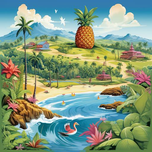 The cartoon Hawaiian island of Oahu with palm trees, turtles and popular places. The edges are pineapples from the Dole plantation and dragon fruits.