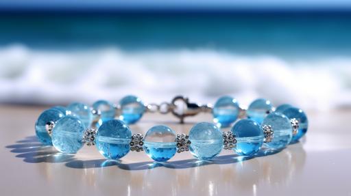 ocean ,beach, sky blue crystal bracelet,HD, 8k, --ar 16:9 --q 2 --v 5