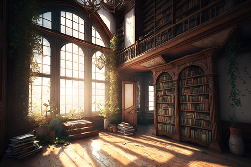 library, ancient, old wood, lots of old books, ladders wood , large bookshelves up to the ceiling, warm atmosphere, sunlight passing through a window, plants on the shelves, carpet sycked on the ground , fantasy, 4K big open glass windows. beautiful. fantasy, hyperrealistic. hyperresolution, high resolution, high quality, 4k, hdr, 4k, 8k, 300DPI --ar 30:20
