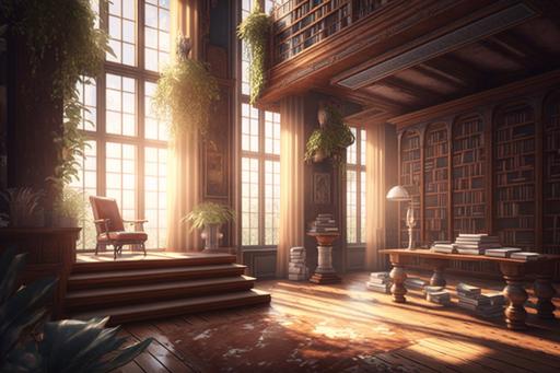 library, ancient, old wood, lots of old books, ladders wood , large bookshelves up to the ceiling, warm atmosphere, sunlight passing through a window, plants on the shelves, carpet sycked on the ground , fantasy, 4K big open glass windows. beautiful. fantasy, hyperrealistic. hyperresolution, high resolution, high quality, 4k, hdr, 4k, 8k, 300DPI --ar 30:20