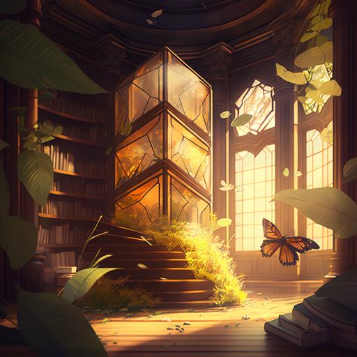 library, sunlight, butterflies, plants, wood, hexagon