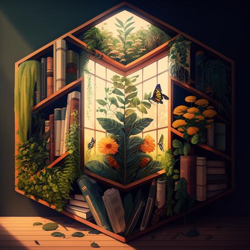 library, sunlight, butterflies, plants, wood, hexagon, realistic