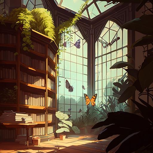 library, sunlight, butterflies, plants, wood, hexagon