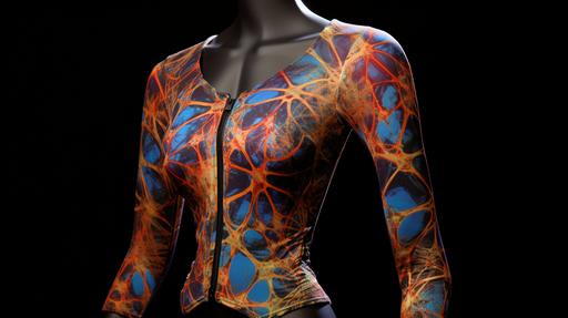 lichtenberg-style-adire-styled-patterned polyester bolero jacket unitard by balenciaga , chromolithography --no text --ar 16:9 --seed 6500 --style raw