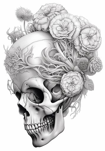 lifelike brain with flowers growing out of it coloring pages black and white thick lines, detailed, no shading --ar 9:13