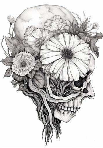 lifelike brain with flowers growing out of it coloring pages black and white thick lines, detailed, no shading --ar 9:13