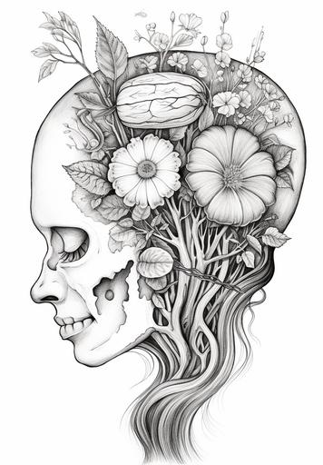 lifelike brain with flowers growing out of it coloring pages black and white thick lines, detailed, no shading --ar 9:13