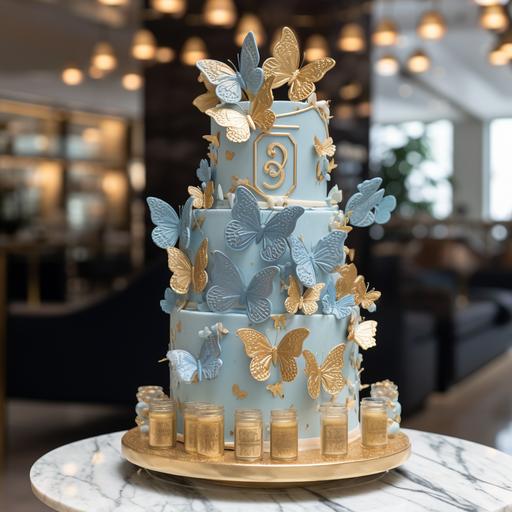 light blue birthday cake with eight butterflies on side of cake tall teir, gold foil and blue and white macarons with 21st cake topper on top of cake