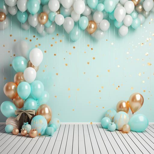 light blue boho birthday party background with party decors, rainbow,balloons,confetti 5k image
