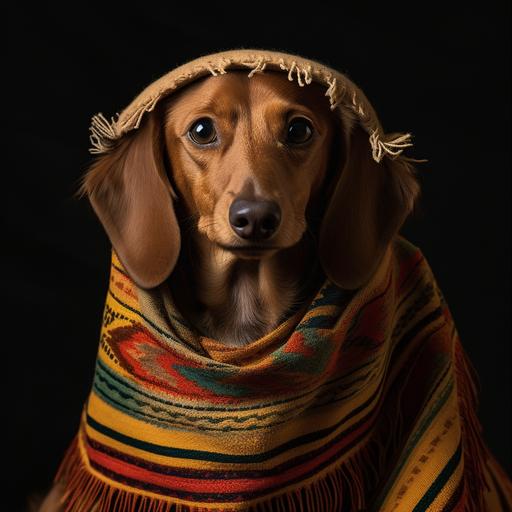 light brown dachshund dog wearing a poncho mazamitla jalisco as a background. photo-realistic. Photo taken by Mario Testino with Canon EOS-1D X Mark III and EF 70-200mm f/2.8L IS III USM lens, Award Winning Photography style, Studio and Ambient light , 8K, Ultra-HD