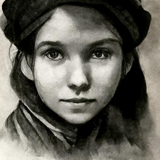 light charcoal drawing, portrait, amish girl, frontal