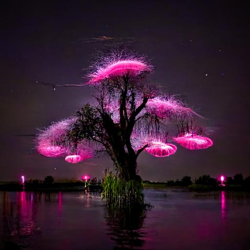 light glowing pink, floating hanging willow tree with small little fairies flying around by bioluminescent sea , dark glowing night, with light reflections in water with chakras lined up in trees , dragonflies flying around