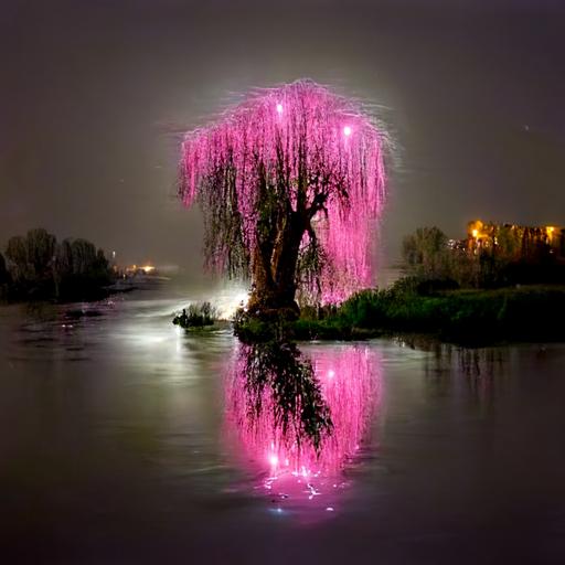 light glowing pink, hanging willow tree with small little fairies flying around by river dark glowing night with light reflections in water with chakras lined up in tree