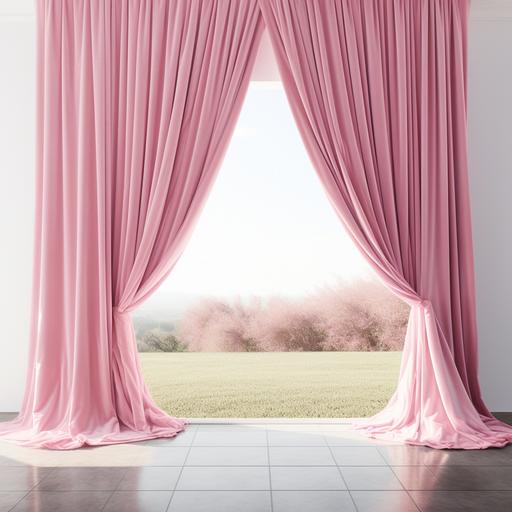 light pink velvet curtain in daylight with white background with grass on the ground