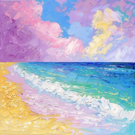 light purple and pink sky, blue sea, and yellow beach. Oil painting, bright colors