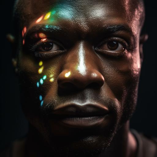 light refraction off of the face of a gorgeous black muscle man --v 5 --s 500