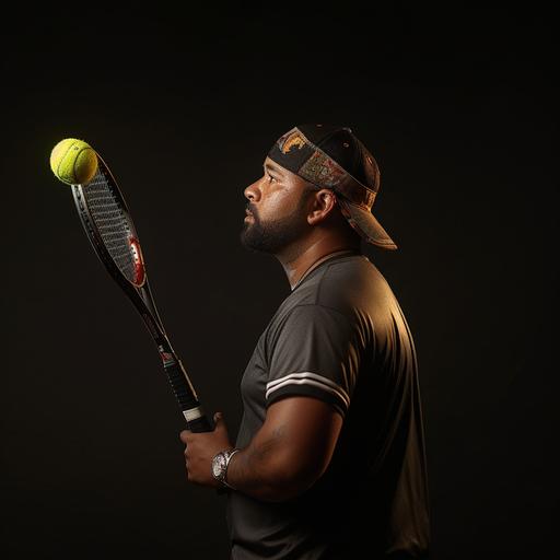 lightskin Black, slightly chubby male, short hair, Pickle ball player, facing left, profile position, wearing a headband, arms by his side, holding a picke ball paddle in his hand, 4k dslr, raw style