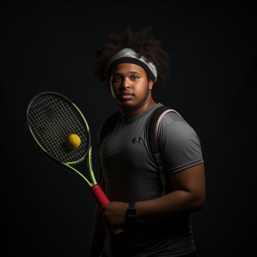 lightskin Black, slightly chubby male, short hair, Pickle ball player, facing camera, profile position, wearing a headband, arms by his side, holding a picke ball paddle in his hand, 4k dslr, raw style